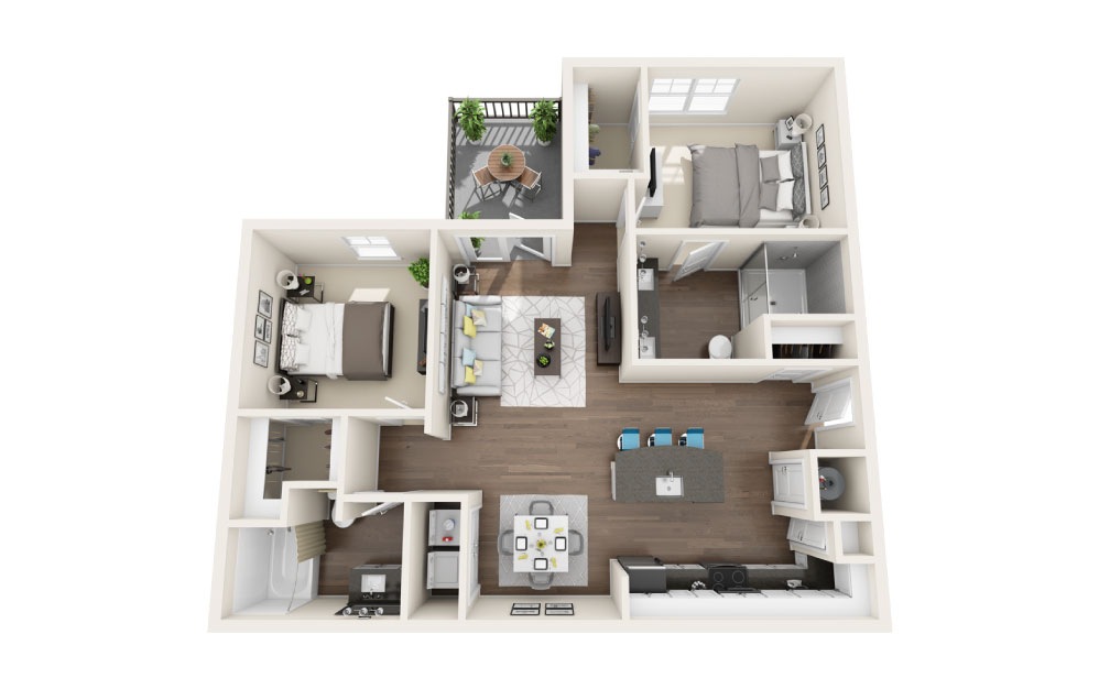 B1 - 2 bedroom floorplan layout with 2 baths and 1083 square feet.