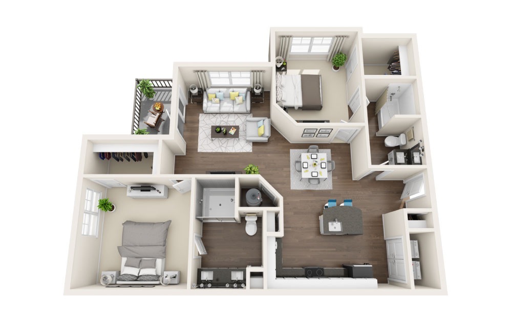 B5 - 2 bedroom floorplan layout with 2 baths and 1201 square feet.