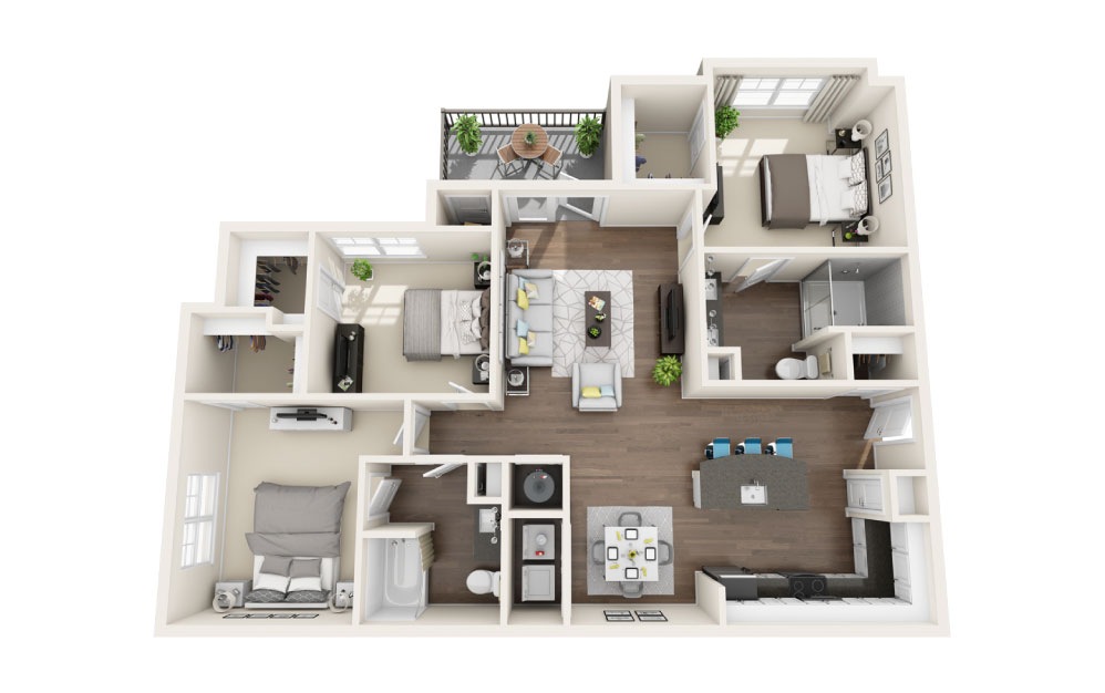 C1 - 3 bedroom floorplan layout with 2 baths and 1360 to 1371 square feet.