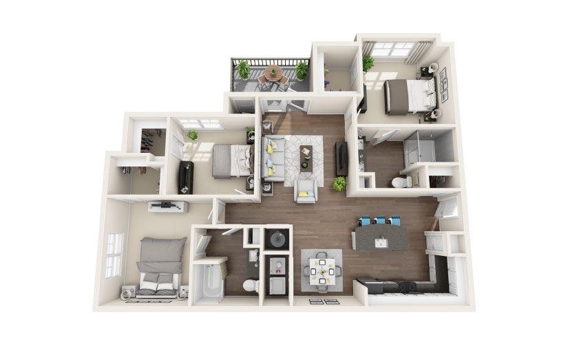 C1 - 3 bedroom floorplan layout with 2 bathrooms and 1360 - 1371 square feet
